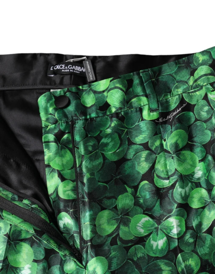 Dolce &amp; Gabbana Green Clover Silk Satin High Waist Tapered Pants