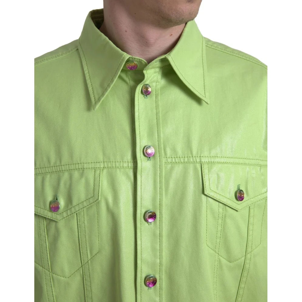Dolce and Gabbana Green Cotton Collared Button Down Shirt with Pockets &