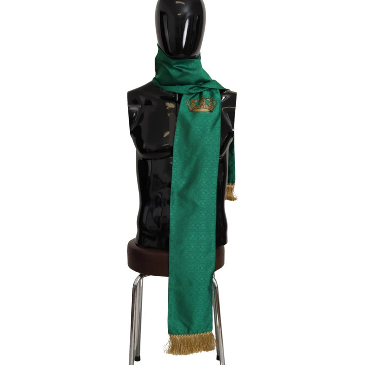 Dolce & Gabbana Green Crown Embroidered Shawl Fringe Blend Silk