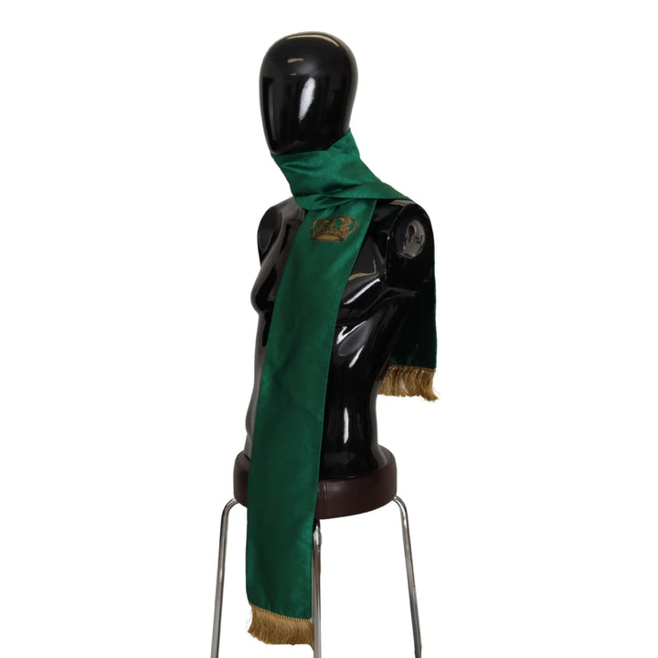 Dolce & Gabbana Green Crown Embroidered Shawl Fringe Blend Silk