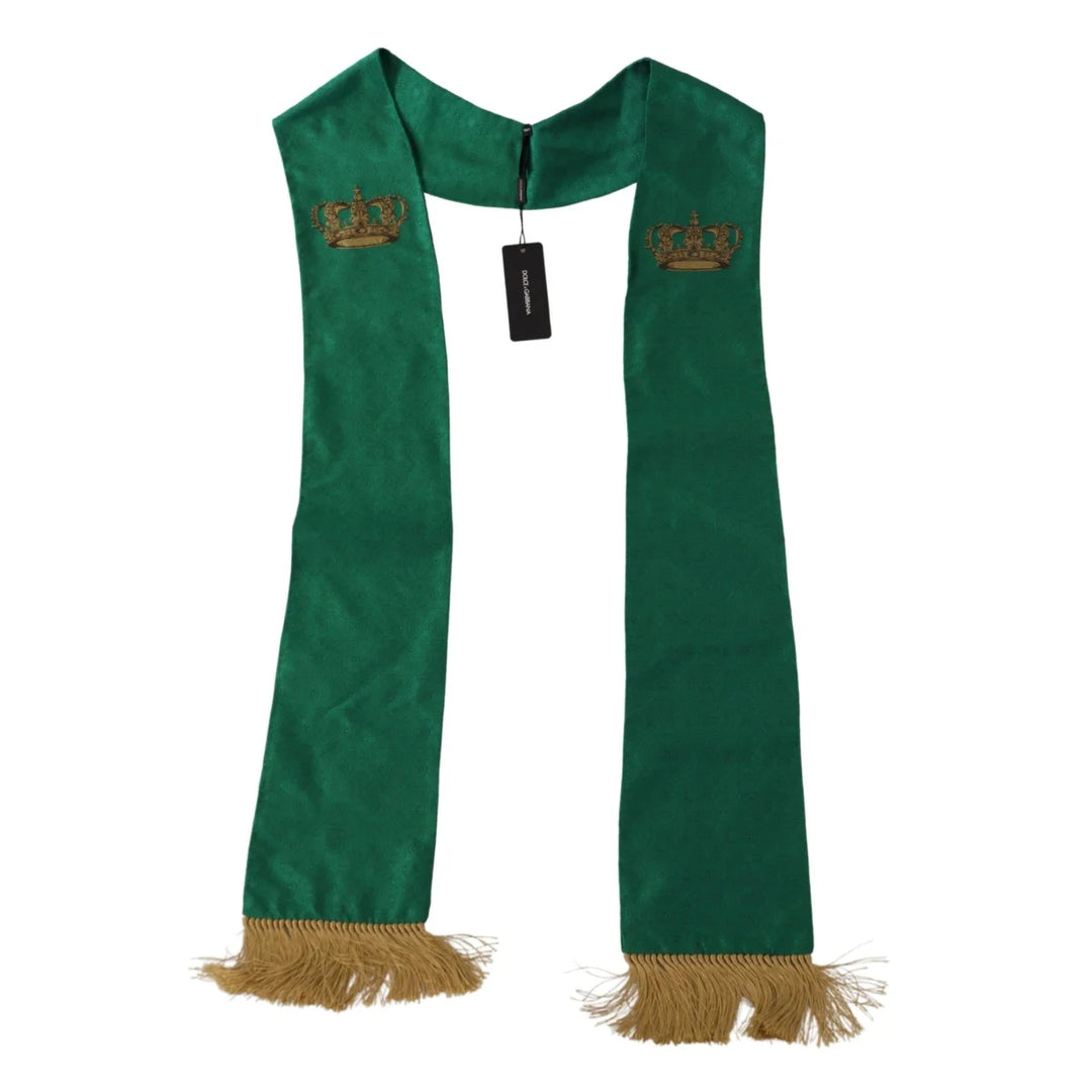 Dolce & Gabbana Green Crown Embroidered Shawl Fringe Blend Silk