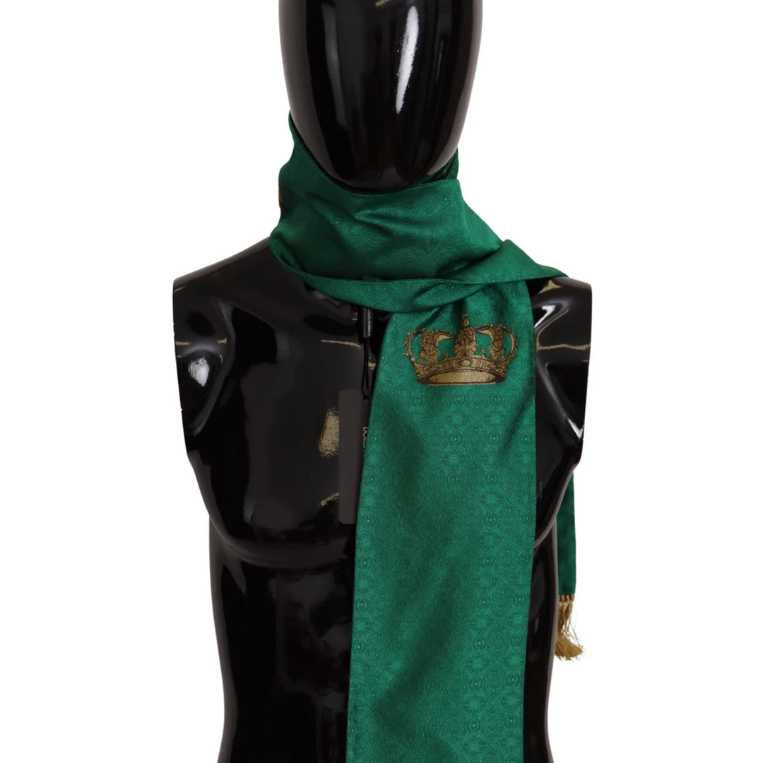 Dolce & Gabbana Green Crown Embroidered Shawl Fringe Blend Silk