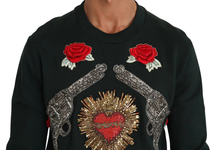 Dolce &amp; Gabbana Green Crystal Heart Roses Gun Sweater