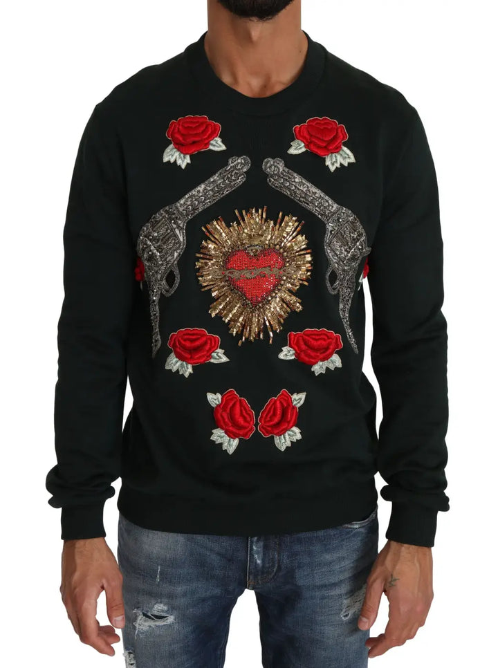 Dolce &amp; Gabbana Green Crystal Heart Roses Gun Sweater
