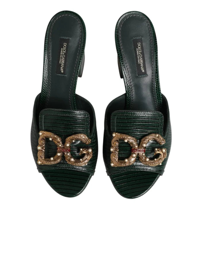 Dolce &amp; Gabbana Green DG Amore Heel Slides Sandals Shoes