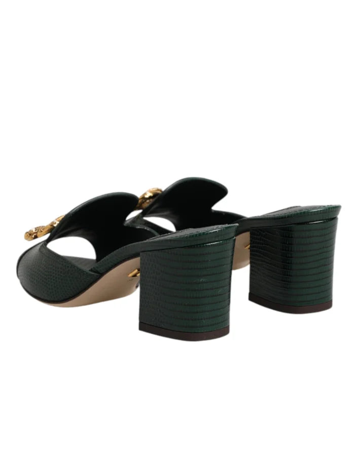 Dolce &amp; Gabbana Green DG Amore Heel Slides Sandals Shoes