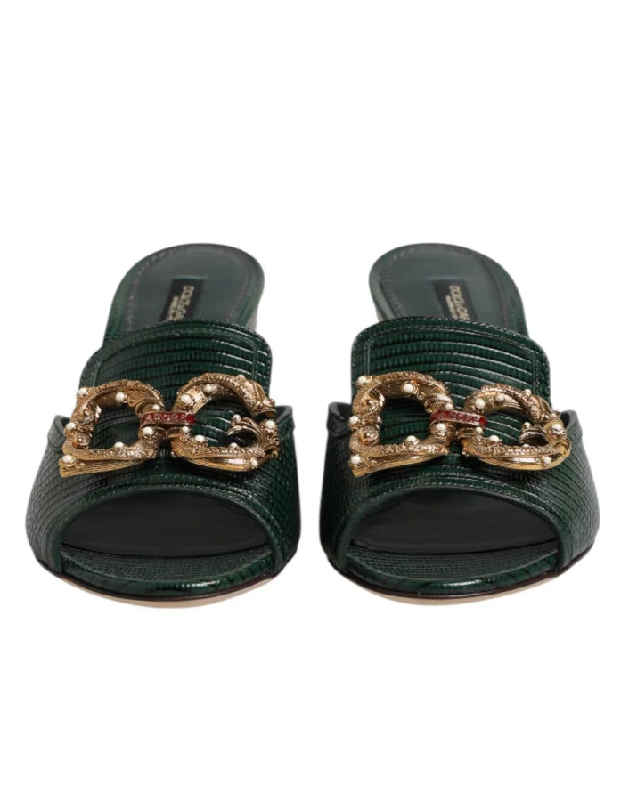 Dolce &amp; Gabbana Green DG Amore Heel Slides Sandals Shoes