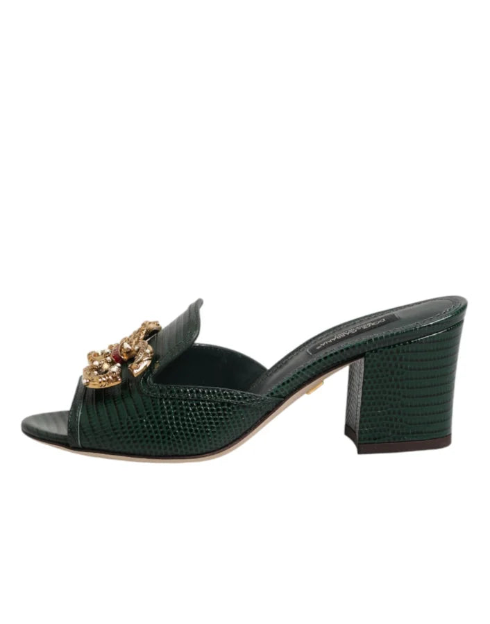 Dolce &amp; Gabbana Green DG Amore Heel Slides Sandals Shoes