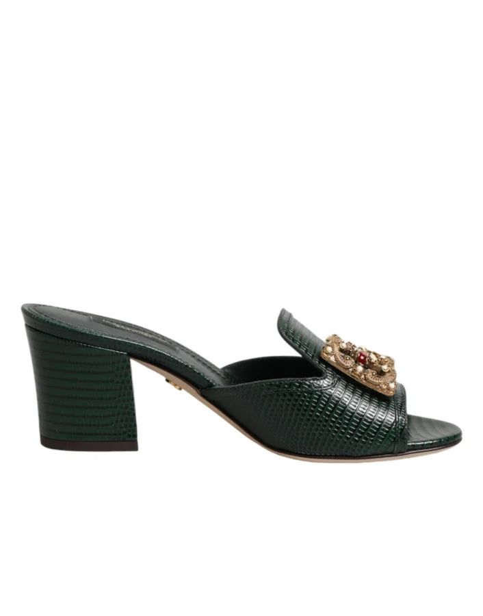 Dolce &amp; Gabbana Green DG Amore Heel Slides Sandals Shoes