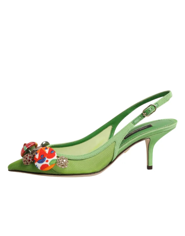 Dolce &amp; Gabbana Green Embellished Heels Slingbacks Shoes