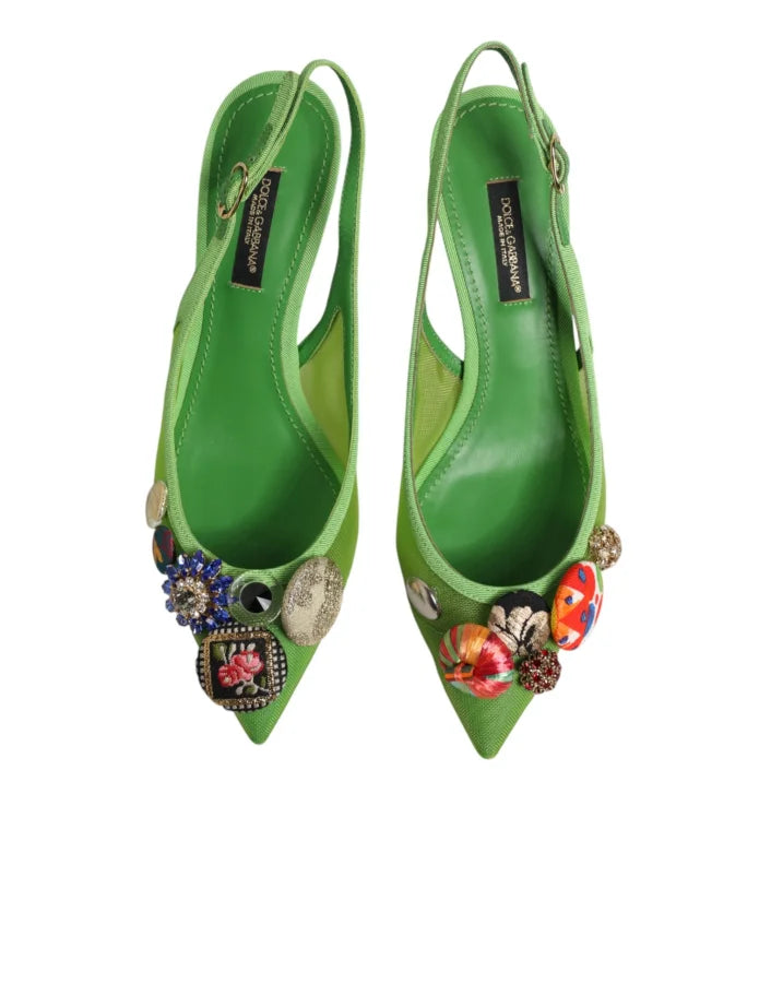 Dolce &amp; Gabbana Green Embellished Heels Slingbacks Shoes