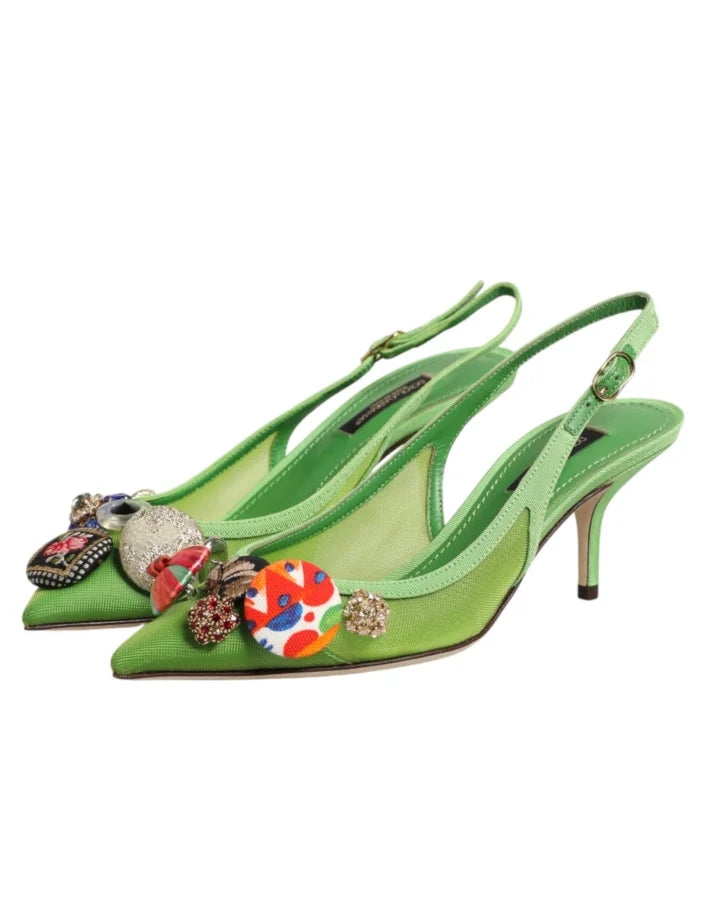 Dolce &amp; Gabbana Green Embellished Heels Slingbacks Shoes