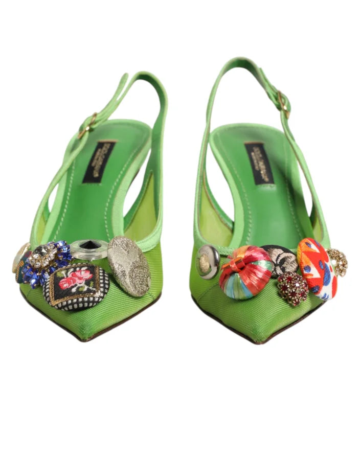 Dolce &amp; Gabbana Green Embellished Heels Slingbacks Shoes