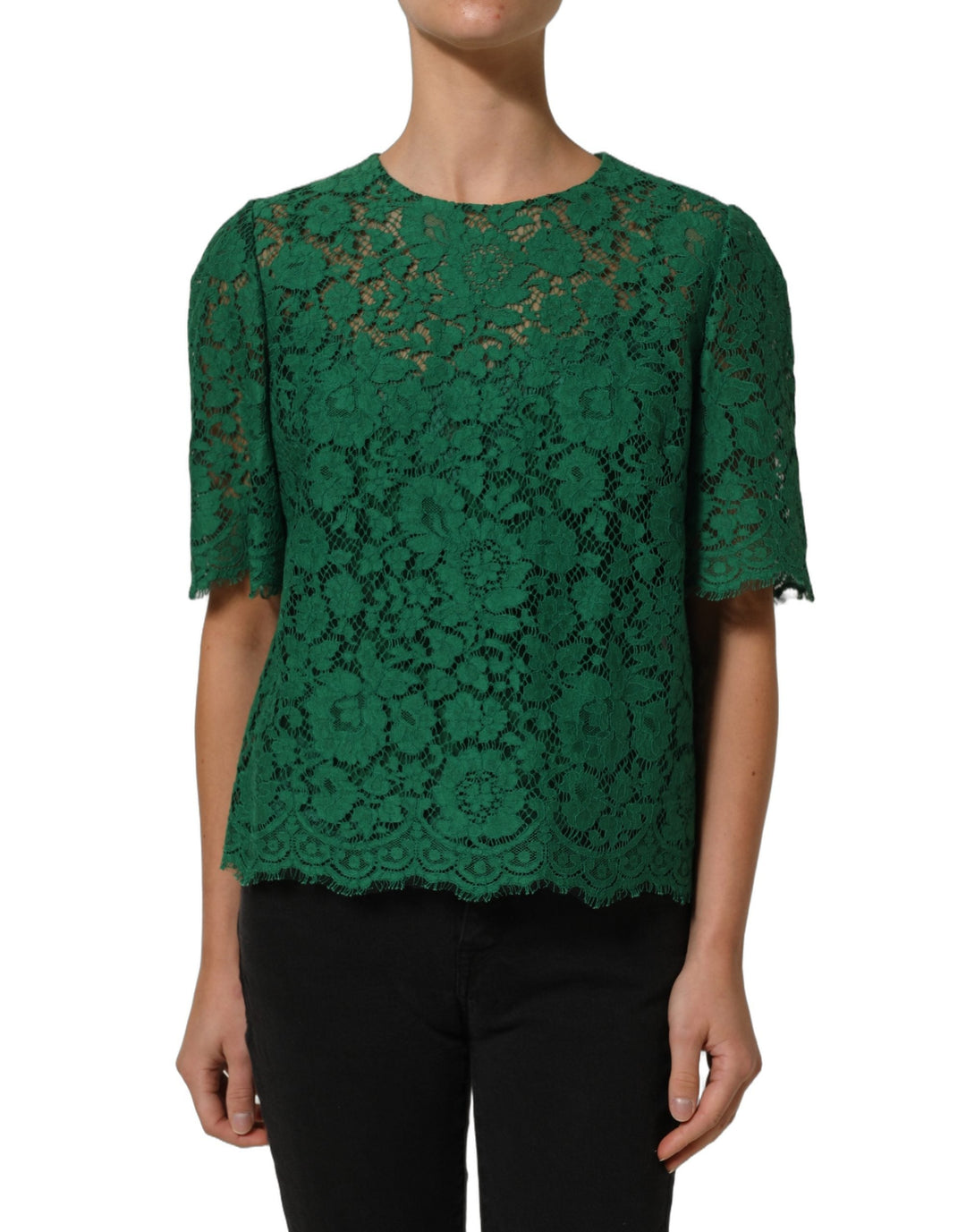 Dolce &amp; Gabbana Blouses - Women’s Green Floral Lace Round Neck Blouse Top