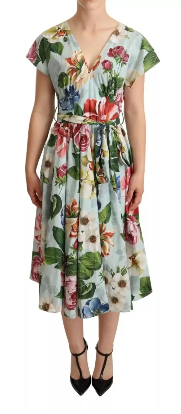 Dolce &amp; Gabbana Green Floral Short Sleeves Cotton V-neck Dress