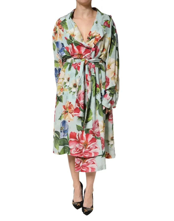 Dolce &amp; Gabbana Green Floral Silk Wrap Midi Long Sleeve Dress