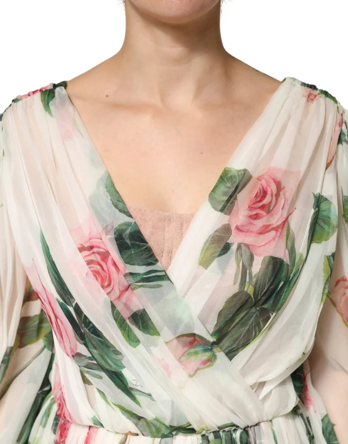 Dolce &amp; Gabbana Green Floral Silk Wrap Midi Long Sleeve Dress