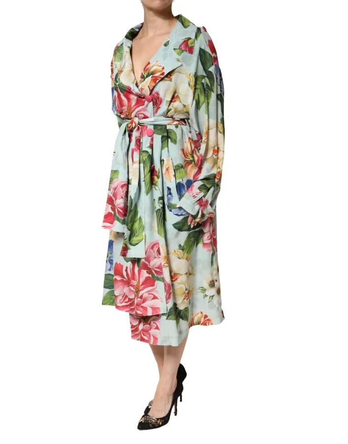 Dolce &amp; Gabbana Green Floral Silk Wrap Midi Long Sleeve Dress