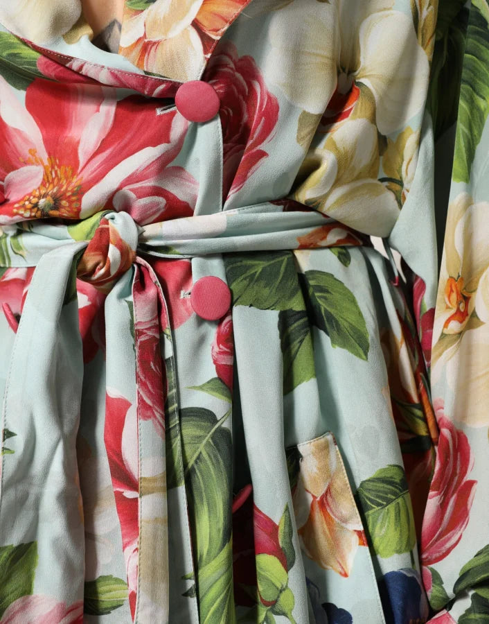 Dolce &amp; Gabbana Green Floral Silk Wrap Midi Long Sleeve Dress