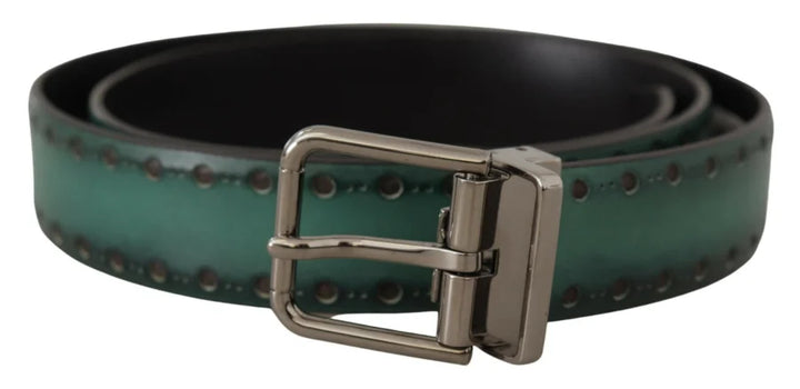 Dolce &amp; Gabbana Green Giotto Leather Silver Metal Buckle Belt