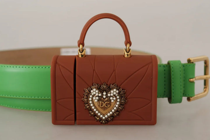 Dolce &amp; Gabbana Green Leather Devotion Heart Micro Bag Headphones Belt