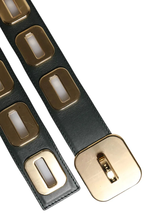 Dolce &amp; Gabbana Green Leather Gold Tone Rotating Buckle Belt