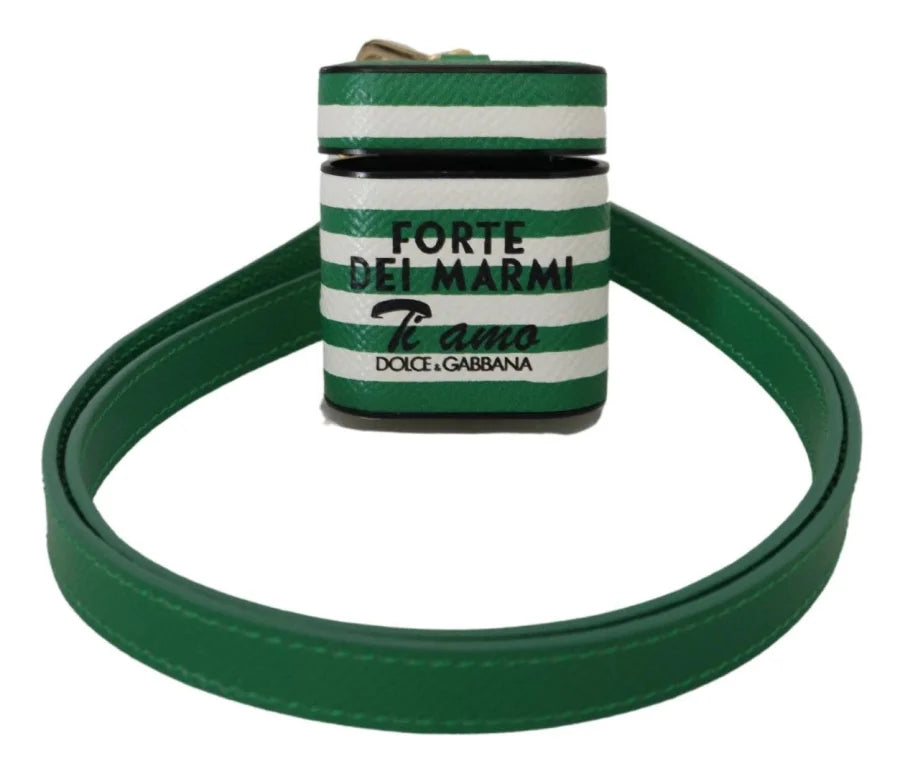 Dolce &amp; Gabbana Green Leather Strap Gold Metal Logo Airpods Case