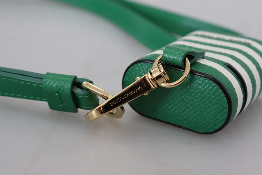 Dolce &amp; Gabbana Green Leather Strap Gold Metal Logo Airpods Case