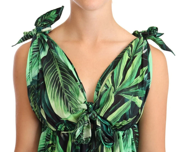 Dolce &amp; Gabbana Green Leaves Print Cotton Flared Mini Dress