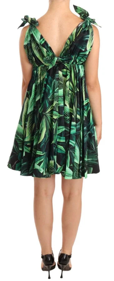 Dolce &amp; Gabbana Green Leaves Print Cotton Flared Mini Dress