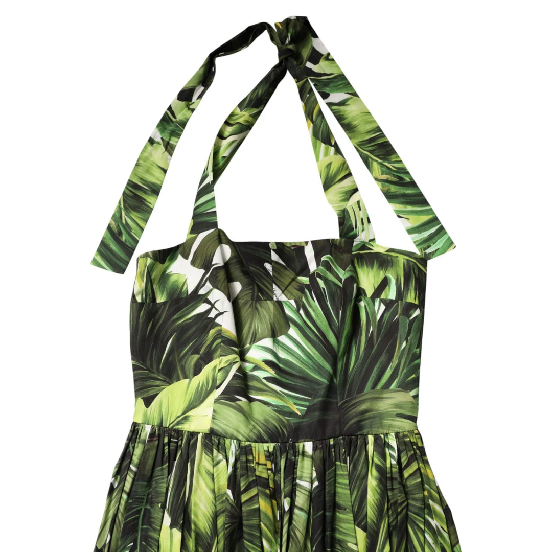 Dolce &amp; Gabbana Green Leaves Print Midi Dress for Summer Elegance