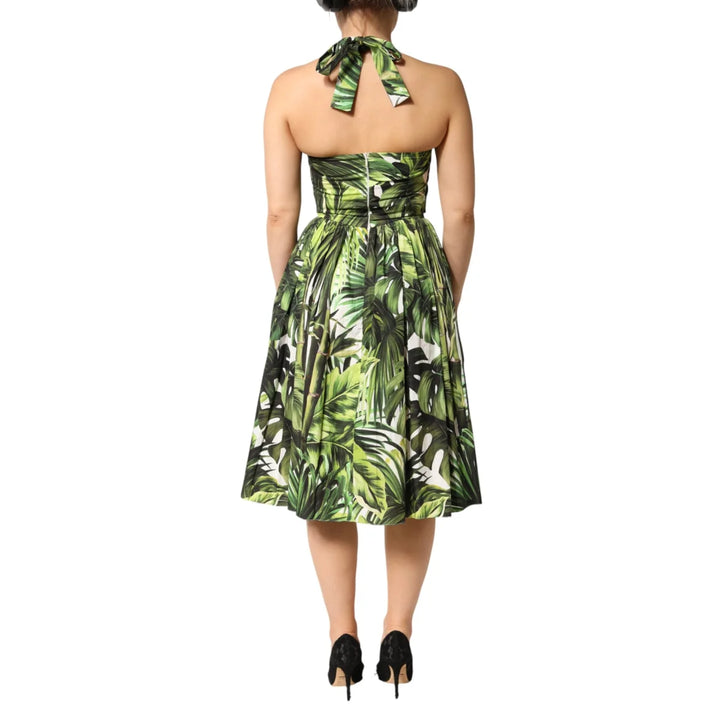 Dolce &amp; Gabbana Green Leaves Print Midi Dress for Summer Elegance