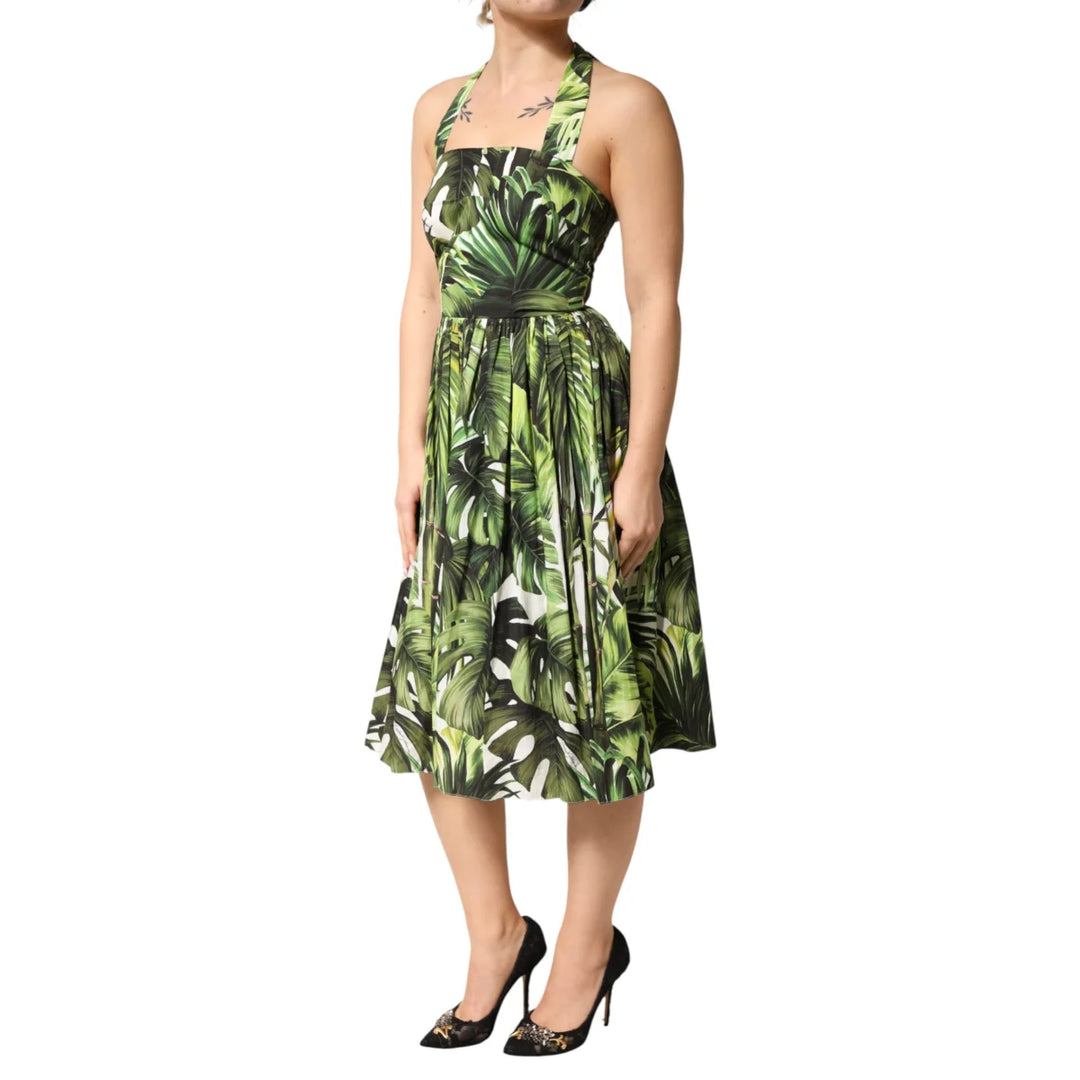 Dolce &amp; Gabbana Green Leaves Print Midi Dress for Summer Elegance