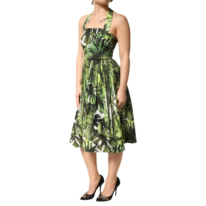 Dolce &amp; Gabbana Green Leaves Print Midi Dress for Summer Elegance
