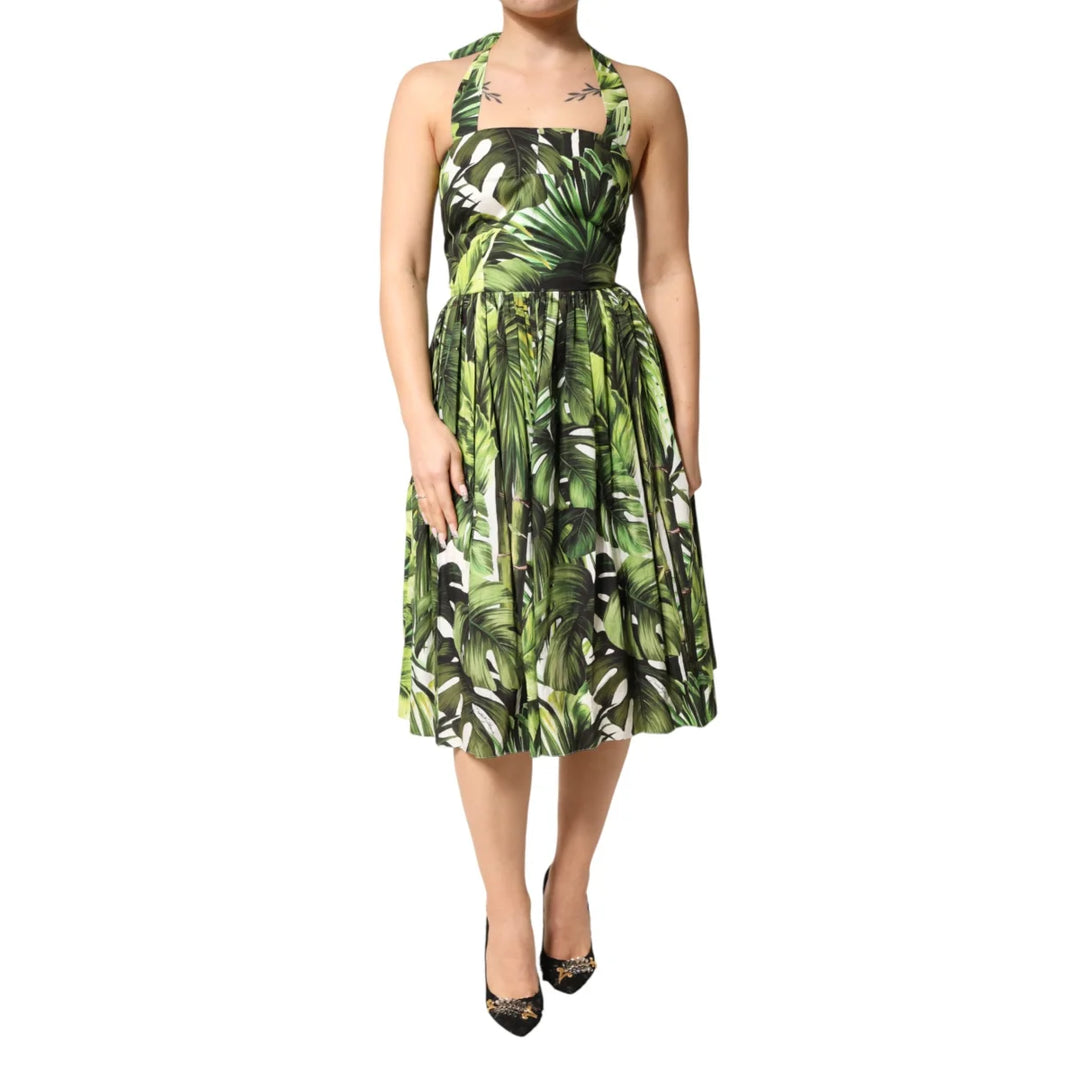Dolce &amp; Gabbana Green Leaves Print Midi Dress for Summer Elegance