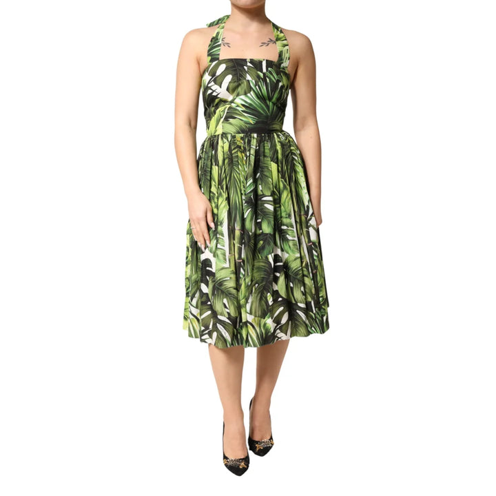 Dolce &amp; Gabbana Green Leaves Print Midi Dress for Summer Elegance