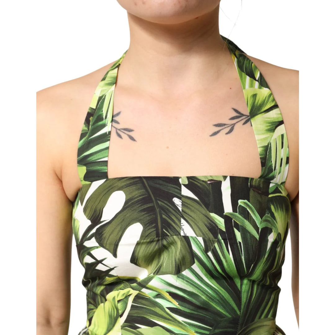 Dolce &amp; Gabbana Green Leaves Print Midi Dress for Summer Elegance