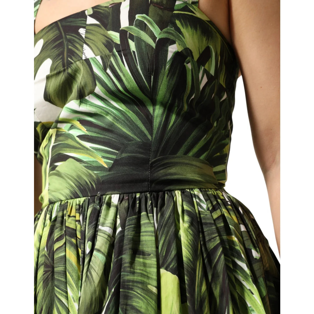 Dolce &amp; Gabbana Green Leaves Print Midi Dress for Summer Elegance