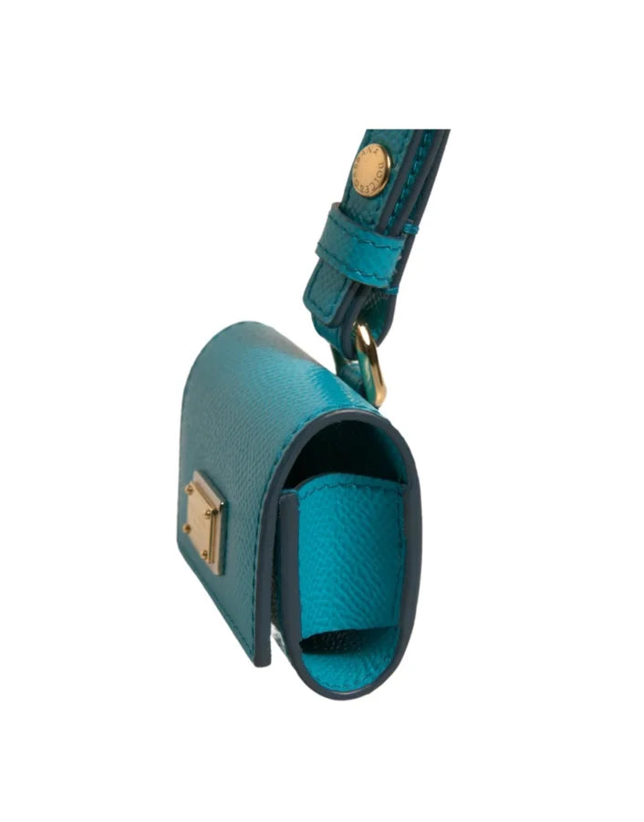 Dolce &amp; Gabbana Green Logo Plaque Leather Gold Metal Strap Airpods Case
