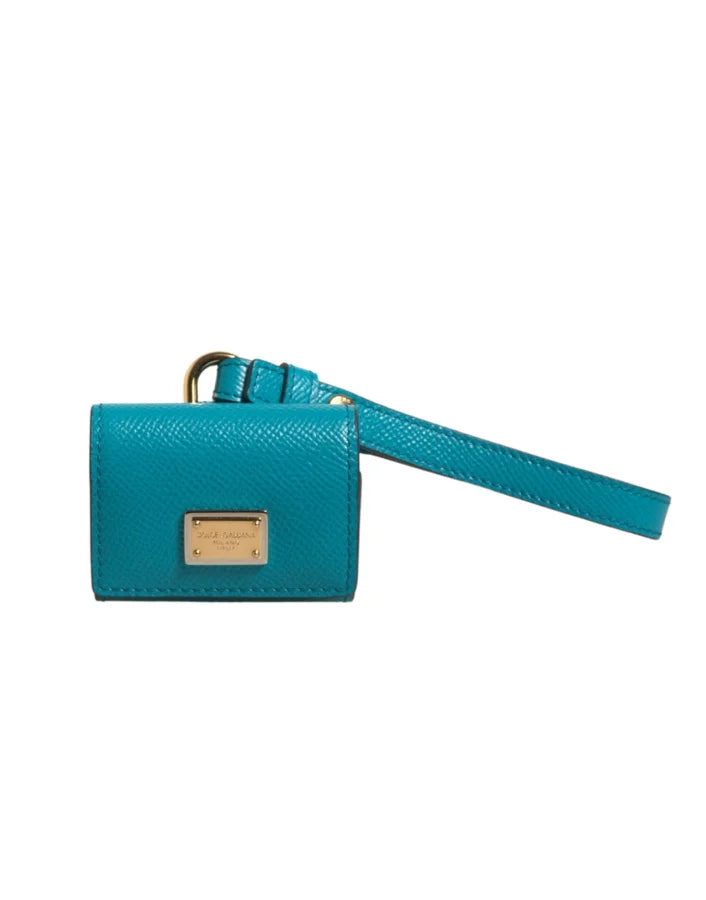 Dolce &amp; Gabbana Green Logo Plaque Leather Gold Metal Strap Airpods Case