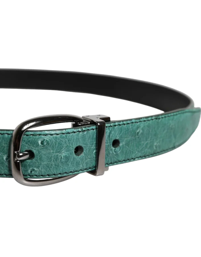 Dolce &amp; Gabbana Green Ostrich Leather Silver Metal Buckle Belt