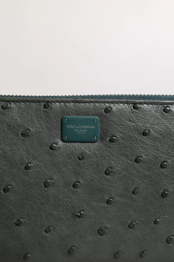 Dolce &amp; Gabbana Green Ostrich Logo Plaque Zip Around Continental Wallet