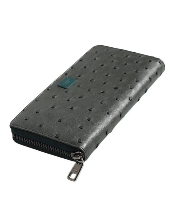 Dolce &amp; Gabbana Green Ostrich Logo Plaque Zip Around Continental Wallet