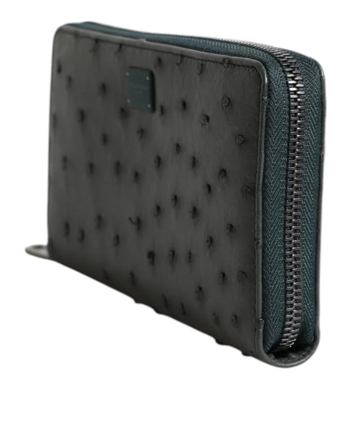 Dolce &amp; Gabbana Green Ostrich Logo Plaque Zip Around Continental Wallet