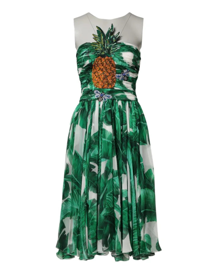 Dolce &amp; Gabbana Green Pineapple Embellished BananaLeaf Dress