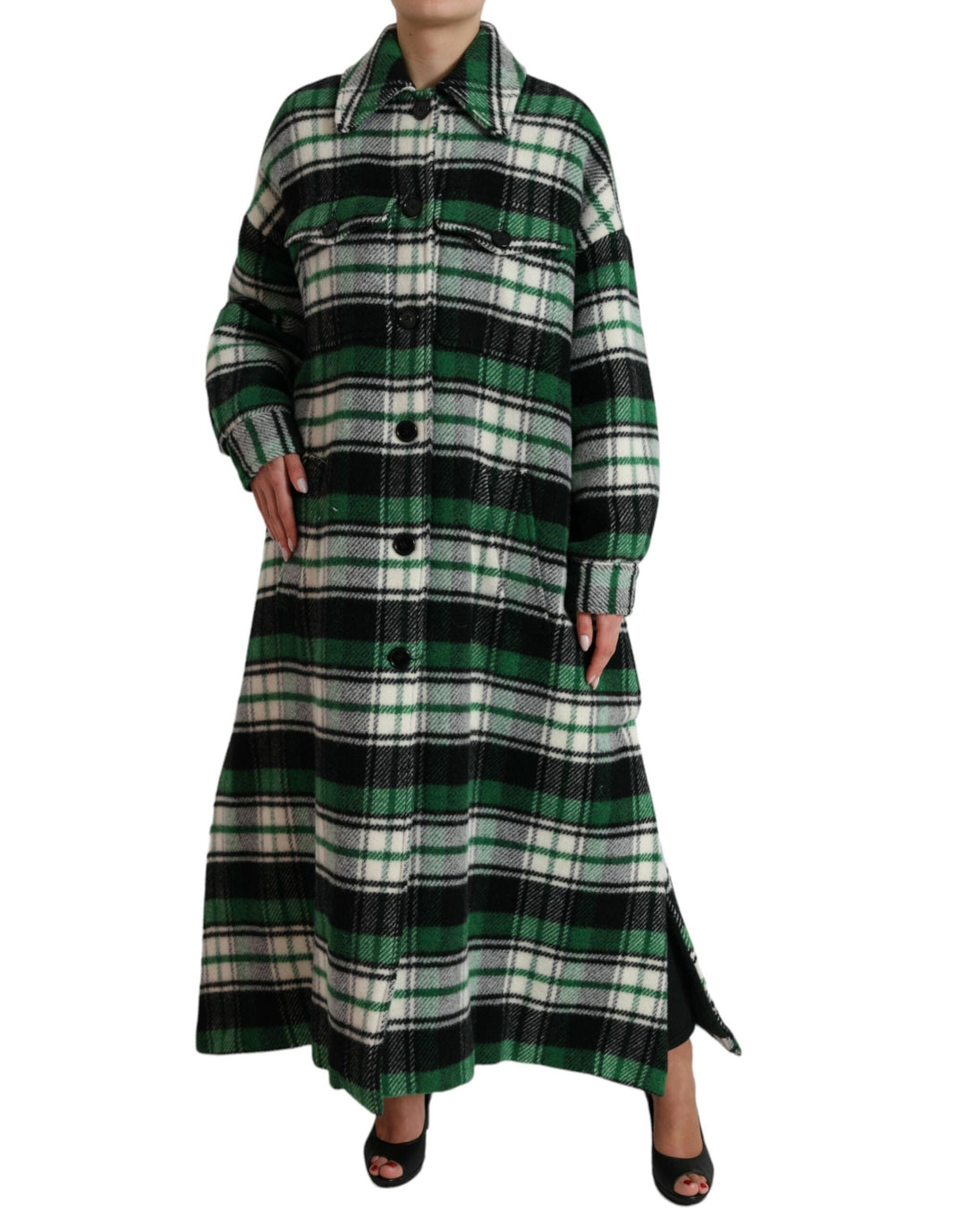 Dolce &amp; Gabbana Trench Coats - Green Plaid Long Sleeve Casual Coat Jacket