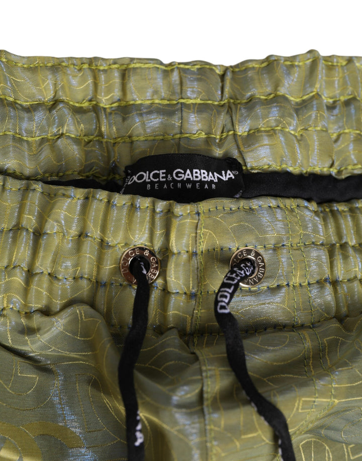 Dolce &amp; Gabbana Green Polyester Metallic Logo Print Men Swimwear