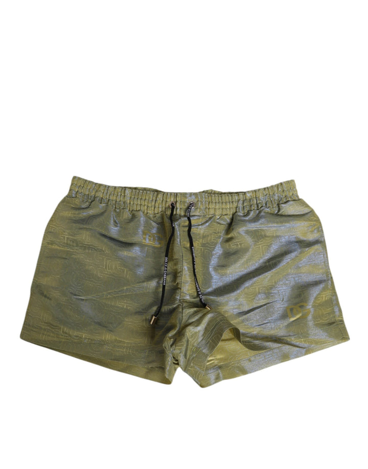 Dolce &amp; Gabbana Green Polyester Metallic Logo Print Men Swimwear