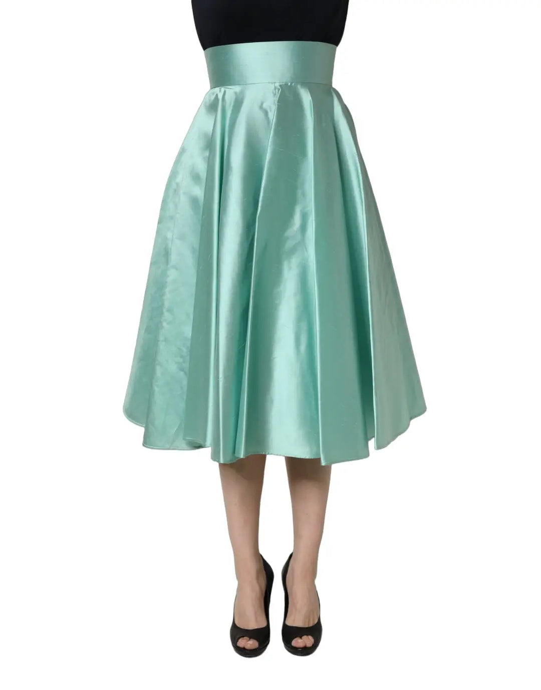 Dolce &amp; Gabbana Green Satin High-Waisted Pleated A-line Midi Skirt