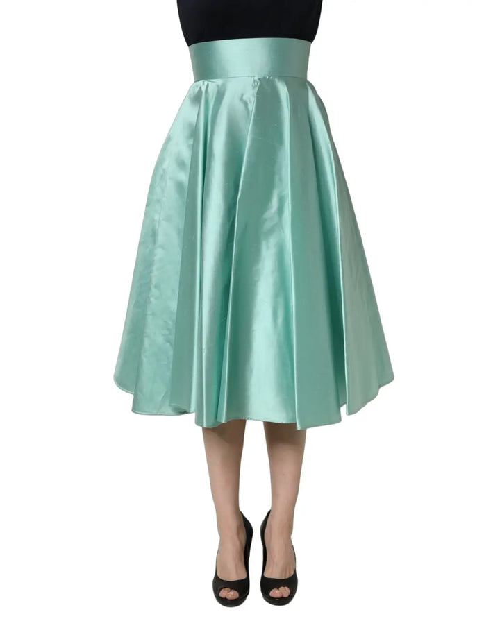 Dolce &amp; Gabbana Green Satin High-Waisted Pleated A-line Midi Skirt